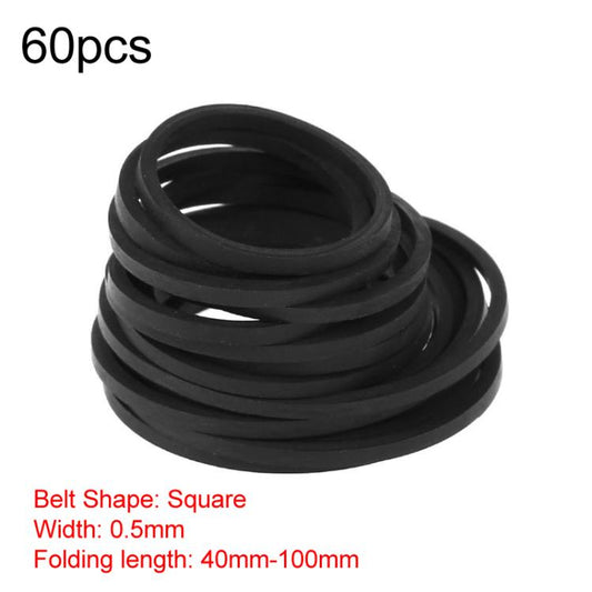 Mix Assorted Rubber Belts CD DVD Cassette Tape, 60pcs 0.5mm Square Fold Length 40-100mm, 30pcs 0.7mm Square Fold Length 45-120mm, 20pcs 1mm Square Fold Length 35-85mm, 20pcs 1mm Square Fold Length 90-135mm, 30pcs 1mm Square Fold Length 40-135mm