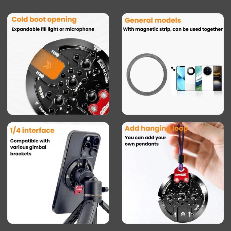 Magnetic Phone Mount Base Cold Shoe Tripod Aluminum Alloy Photography Selfie Stick 1/4 inch Arca-Style Mounting Base Suction Cup, Base
