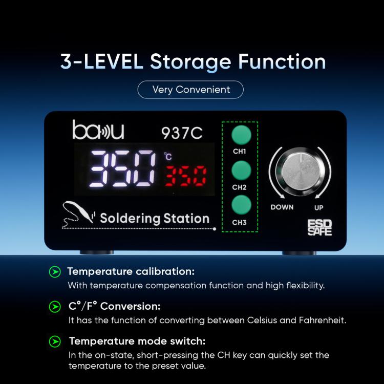 BAKU BA-937C 120W LCD Soldering Station, 3 Temp Preset Channels Thermostatic Electric Soldering Iron Kit, 110V US Plug, 220V EU Plug