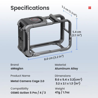 For DJI OSMO Action 5 Pro /4/3 aMagisn Metal Camera Cage2.0 Quick Release Protective Frame with Silicone Lens Cap, Action 5 Pro /4/3 Metal Cage