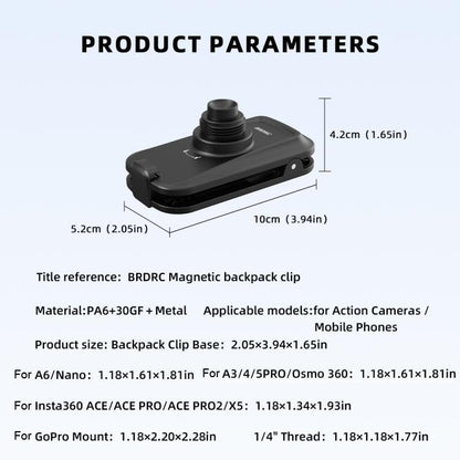 BRDRC Action Cameras Magnetic Quick-release Backpack Shoulder Strap Slip, For DJI Action 6 / Nano, For DJI Action 3 / 4 / 5Pro / Osmo 360, For Insta360 Ace Pro 1 / 2 / ACE / X5, For Gopro, 1/4 Interface