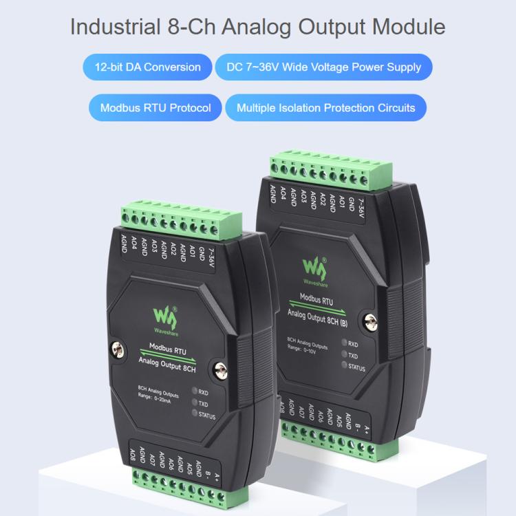 Waveshare Industrial 8-Ch Analog Output Module 12-Bit DA Conversion, Modbus RTU Analog Output 8CH, Modbus RTU Analog Output 8CH (B)