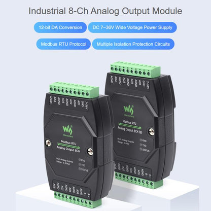 Waveshare Industrial 8-Ch Analog Output Module 12-Bit DA Conversion, Modbus RTU Analog Output 8CH, Modbus RTU Analog Output 8CH (B)