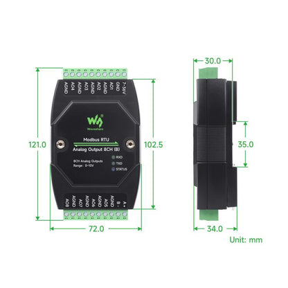 Waveshare Industrial 8-Ch Analog Output Module 12-Bit DA Conversion, Modbus RTU Analog Output 8CH, Modbus RTU Analog Output 8CH (B)