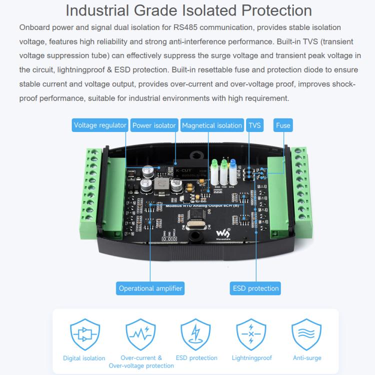 Waveshare Industrial 8-Ch Analog Output Module 12-Bit DA Conversion, Modbus RTU Analog Output 8CH, Modbus RTU Analog Output 8CH (B)