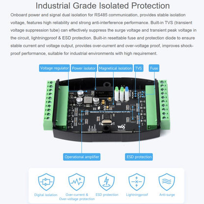 Waveshare Industrial 8-Ch Analog Output Module 12-Bit DA Conversion, Modbus RTU Analog Output 8CH, Modbus RTU Analog Output 8CH (B)