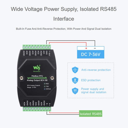 Waveshare Industrial 8-Ch Analog Output Module 12-Bit DA Conversion, Modbus RTU Analog Output 8CH, Modbus RTU Analog Output 8CH (B)