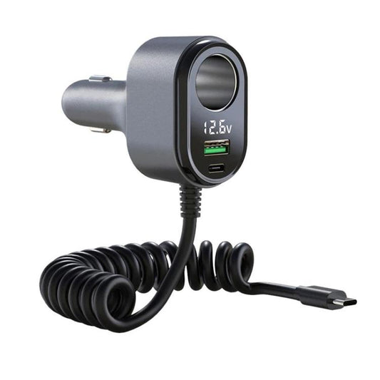 Cargador de teléfono para coche de 120 W con encendedor de cigarrillos, pantalla de voltaje y cable en espiral, GE09