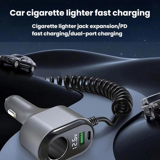 Cargador de teléfono para coche de 120 W con encendedor de cigarrillos, pantalla de voltaje y cable en espiral, GE09