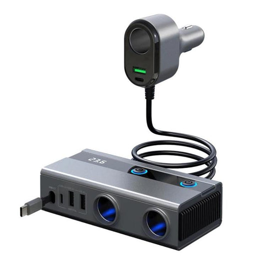 Cargador de coche GE08 con encendedor de cigarrillos para coche de 1 a 9 tomas, interruptores independientes, indicador de voltaje y cable retráctil.