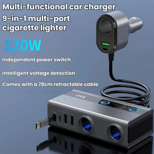 Cargador de coche GE08 con encendedor de cigarrillos para coche de 1 a 9 tomas, interruptores independientes, indicador de voltaje y cable retráctil.