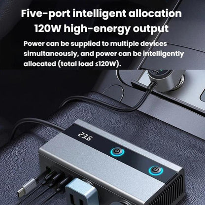 1 To 9 Car Cigarette Lighter With Independent Switches Voltage Display & Retractable Cable Car Charger, GE08