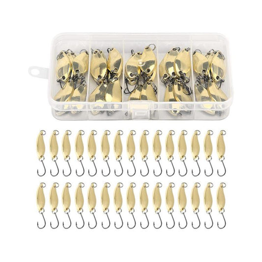30 unidades/caja de señuelos giratorios chapados en estaño para pesca, cebo duro biomimético, oro 2.5 g, oro 3.5 g, oro 5 g, plata 2.5 g, plata 3.5 g, plata 5 g
