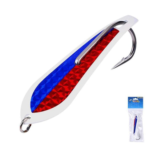 Señuelo giratorio de alta visibilidad con anzuelo de punta de proa de acero inoxidable para pesca de altura desde embarcación.