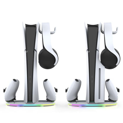 For PS5 Pro/Slim ipega Vertical Stand with Controller Charger, Headphone Hook and LED Light Ring
