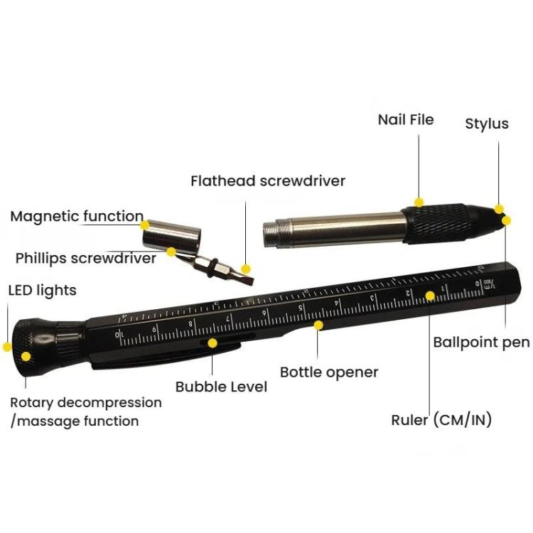 Stylo multifonctionnel EDC 12-en-1 avec lumière LED, règle, stylet, décapsuleur et pointe magnétique pour soulager le stress