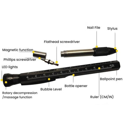 Stylo multifonctionnel EDC 12-en-1 avec lumière LED, règle, stylet, décapsuleur et pointe magnétique pour soulager le stress