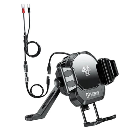 Soporte para teléfono inalámbrico Kewig M33 Pro con amortiguación, disipación de calor y carga inalámbrica, ventilador para motocicleta, soporte antivibración, manillar, espejo retrovisor, vástago del espejo retrovisor, tornillo M8/M10, soporte para horquilla delantera, abrazadera resistente