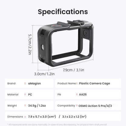 aMagisn PC Material Camera Cage for DJI Action 5 Pro / 4 / 3 with Quick Release Vertical/Horizontal Shoot Support, Cold Shoe Mount & 1/4-inch Thread, Action 5 Pro /4/3 PC Cage
