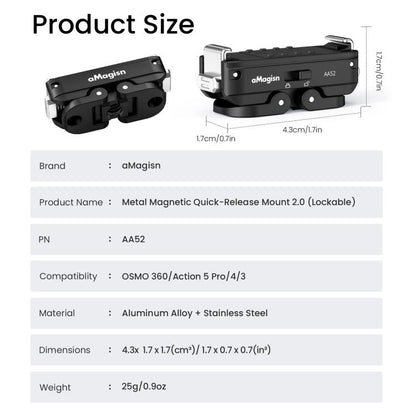 aMagisn Metal Magnetic Quick Release Mount 2.0 Lockable Adapter for DJI Osmo 360/ Action 5 Pro/4/3, For DJI Osmo 360/ Action 5 Pro/4/3