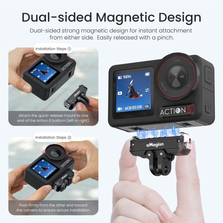aMagisn Metal Magnetic Quick Release Mount 2.0 Lockable Adapter for DJI Osmo 360/ Action 5 Pro/4/3, For DJI Osmo 360/ Action 5 Pro/4/3