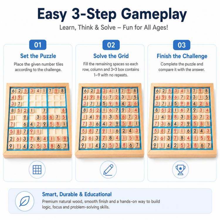 Wooden Number Place 9x9 Grid Game Board, Educational Tabletop Game For Kids & Adults To Cultivate Logical Thinking