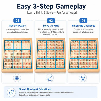 Wooden Number Place 9x9 Grid Game Board, Educational Tabletop Game For Kids & Adults To Cultivate Logical Thinking