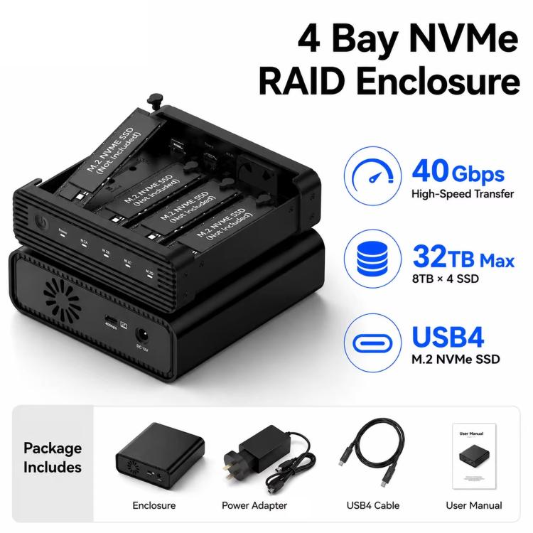 Blueendless USB4 NVMe M.2 SSD Enclosure, 40Gbps 4-Bay External Solid State Drive Case, Support Soft RAID 0/1/5, 32TB Capacity, US Plug, EU Plug, UK Plug, AU Plug
