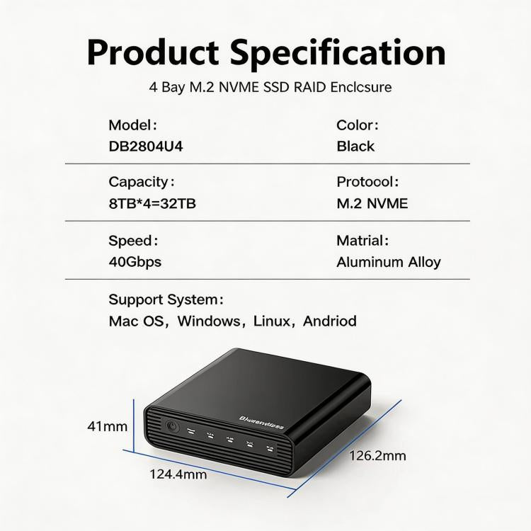 Blueendless USB4 NVMe M.2 SSD Enclosure, 40Gbps 4-Bay External Solid State Drive Case, Support Soft RAID 0/1/5, 32TB Capacity, US Plug, EU Plug, UK Plug, AU Plug