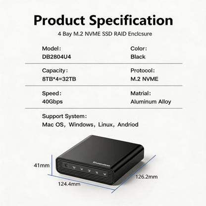 Blueendless USB4 NVMe M.2 SSD Enclosure, 40Gbps 4-Bay External Solid State Drive Case, Support Soft RAID 0/1/5, 32TB Capacity, US Plug, EU Plug, UK Plug, AU Plug