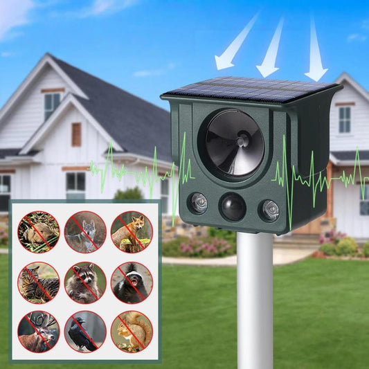 Répulsif pour animaux à ultrasons, alimenté à l'énergie solaire et doté d'un capteur infrarouge et d'une LED stroboscopique