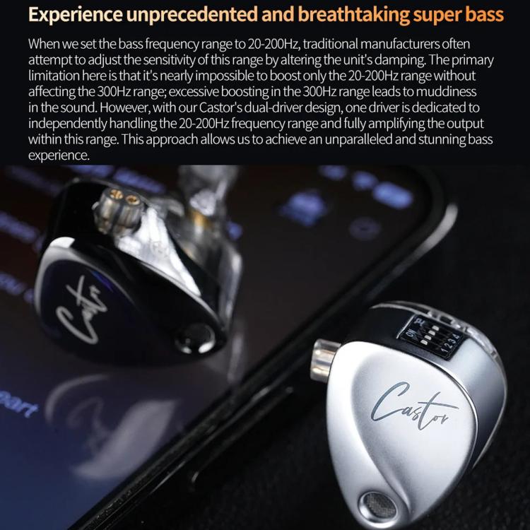 KZ-Castor Adjustable Dual-Driver In-Ear 1.2m Wired Earphones, No Mic, With Mic, Enhanced Bass No Mic, Enhanced Bass With Mic
