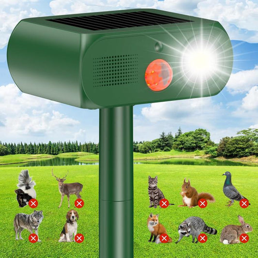 Répulsif solaire pour animaux, répulsif ultrasonique d'extérieur pour chats et chiens avec détecteur de mouvement PIR, 4 modes, avec lumière LED clignotante.