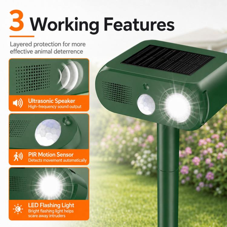 Répulsif Solaire pour Animaux Extérieur, Répulsif Ultrasonique pour Chats avec Détecteur de Mouvement PIR, 4 Modes, Répulsif Ultrasonique pour Oiseaux, Répulsif pour Chiens avec Lumière Clignotante à LED