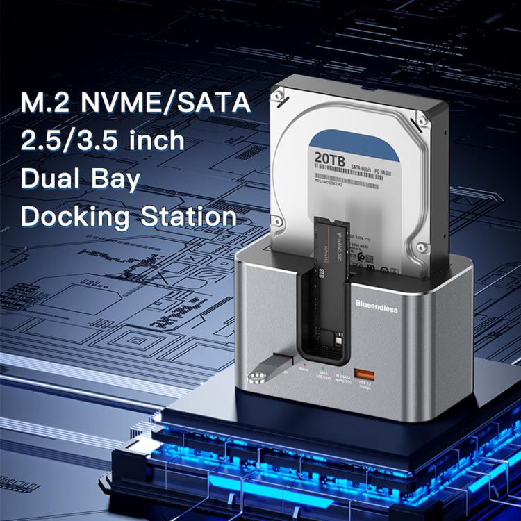 Blueendless HD01SN Dual Bay Docking Station For M.2 NVMe/SATA SSD And 2.5/3.5 SATA HDD, 10Gbps Multi-Drive Reader With 2 USB Hub Ports, Support 28TB, US Plug, EU Plug, UK Plug
