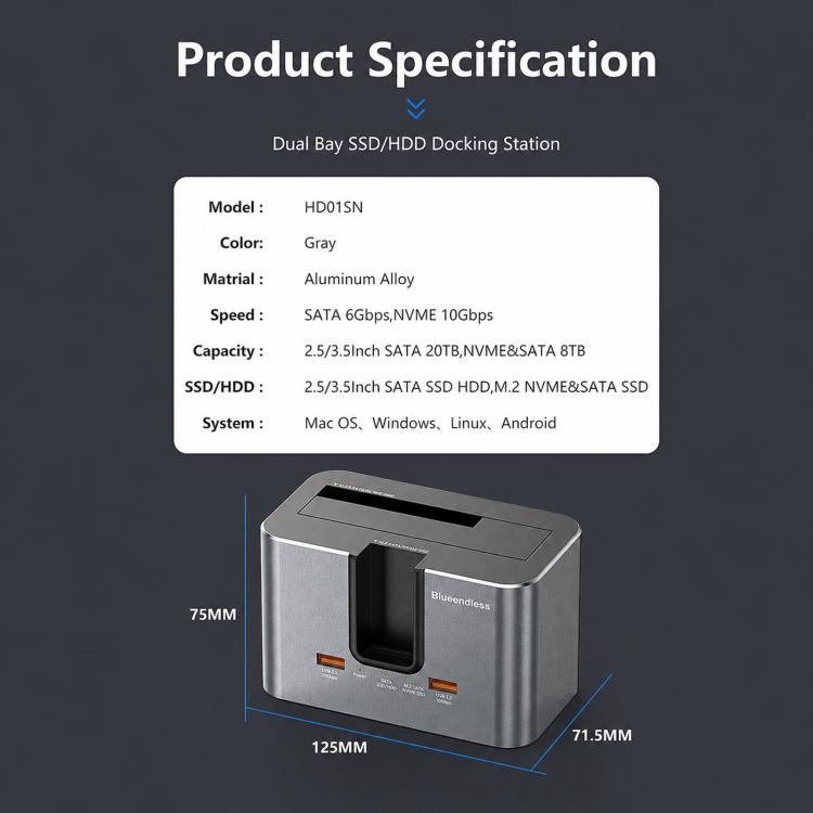 Blueendless HD01SN Dual Bay Docking Station For M.2 NVMe/SATA SSD And 2.5/3.5 SATA HDD, 10Gbps Multi-Drive Reader With 2 USB Hub Ports, Support 28TB, US Plug, EU Plug, UK Plug
