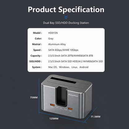 Blueendless HD01SN Dual Bay Docking Station For M.2 NVMe/SATA SSD And 2.5/3.5 SATA HDD, 10Gbps Multi-Drive Reader With 2 USB Hub Ports, Support 28TB, US Plug, EU Plug, UK Plug