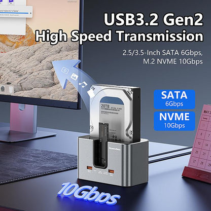 Blueendless HD01SN Dual Bay Docking Station For M.2 NVMe/SATA SSD And 2.5/3.5 SATA HDD, 10Gbps Multi-Drive Reader With 2 USB Hub Ports, Support 28TB, US Plug, EU Plug, UK Plug