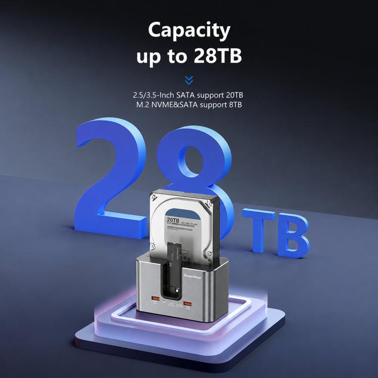 Blueendless HD01SN Dual Bay Docking Station For M.2 NVMe/SATA SSD And 2.5/3.5 SATA HDD, 10Gbps Multi-Drive Reader With 2 USB Hub Ports, Support 28TB, US Plug, EU Plug, UK Plug
