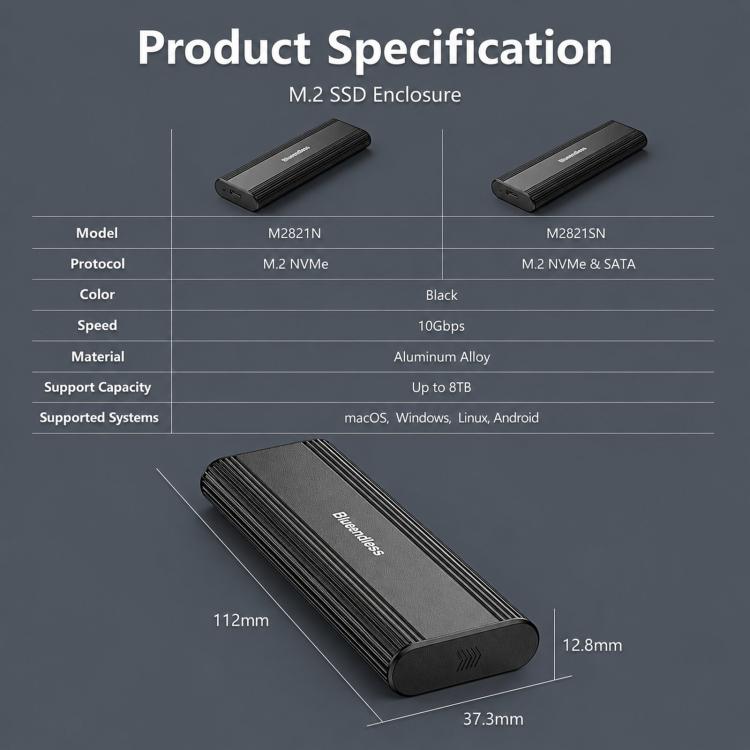 SSD Enclosure 10Gbps Aluminum USB-C 3.2 Solid State Drives, Supports Max 8TB, Blueendless 2821N M.2 NVME, Blueendless 2821SN M.2 NVME / SATA
