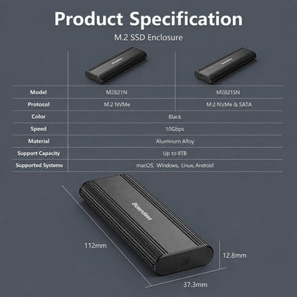 SSD Enclosure 10Gbps Aluminum USB-C 3.2 Solid State Drives, Supports Max 8TB, Blueendless 2821N M.2 NVME, Blueendless 2821SN M.2 NVME / SATA