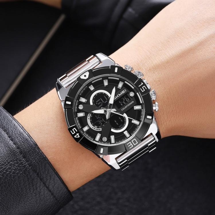 SKMEI 2593 Herren-Sportuhr mit Dual-Display, Edelstahlarmband, Leuchtfunktion, 30M wasserdicht