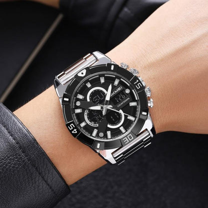 SKMEI 2593 Herren-Sportuhr mit Dual-Display, Edelstahlarmband, Leuchtfunktion, 30M wasserdicht