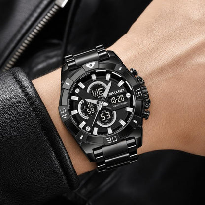 SKMEI 2593 Herren-Sportuhr mit Dual-Display, Edelstahlarmband, Leuchtfunktion, 30M wasserdicht