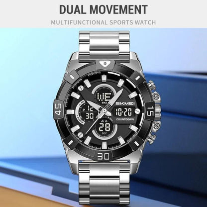 SKMEI 2593 Herren-Sportuhr mit Dual-Display, Edelstahlarmband, Leuchtfunktion, 30M wasserdicht