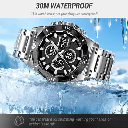 SKMEI 2593 Herren-Sportuhr mit Dual-Display, Edelstahlarmband, Leuchtfunktion, 30M wasserdicht