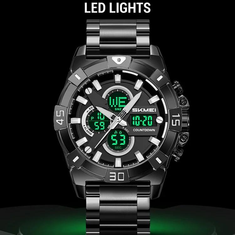 SKMEI 2593 Herren-Sportuhr mit Dual-Display, Edelstahlarmband, Leuchtfunktion, 30M wasserdicht