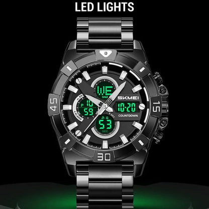 SKMEI 2593 Herren-Sportuhr mit Dual-Display, Edelstahlarmband, Leuchtfunktion, 30M wasserdicht