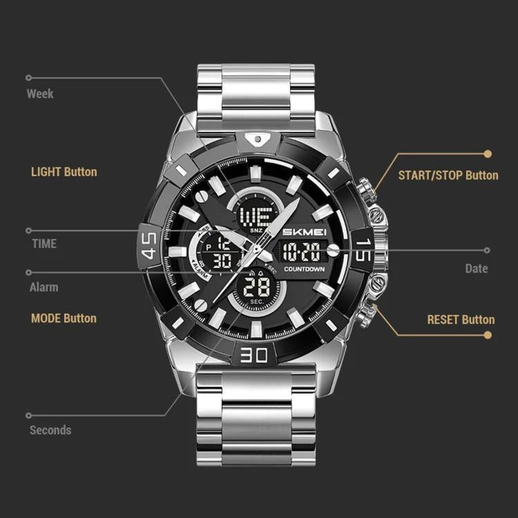 SKMEI 2593 Herren-Sportuhr mit Dual-Display, Edelstahlarmband, Leuchtfunktion, 30M wasserdicht