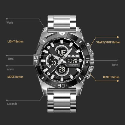 SKMEI 2593 Herren-Sportuhr mit Dual-Display, Edelstahlarmband, Leuchtfunktion, 30M wasserdicht